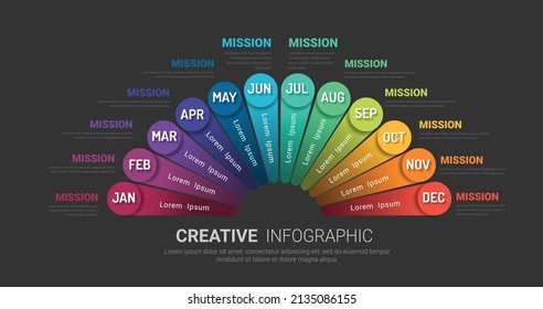 Half circle Infographic all month planners. Infographics for 12 months, 1 year business concept. Can be used for presentations banner, workflow layout, process diagram, flow chart, info graph