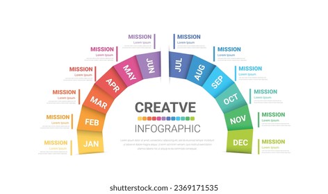 Halbkreis Infografik alle Monatsplaner. Infografiken für 12 Monate, 1 Jahr, Kann für Präsentationen Banner, Workflow-Layout, Prozessdiagramm, Flussdiagramm, Infografik verwendet werden. EPS-Vektorgrafik.