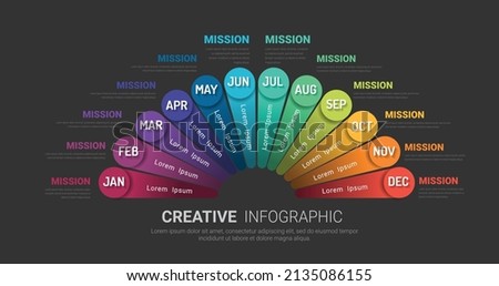 Half circle Infographic all month planners. Infographics for 12 months, 1 year business concept. Can be used for presentations banner, workflow layout, process diagram, flow chart, info graph