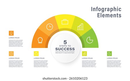 Half circle infographic design template with 5 steps or parts and business icons
