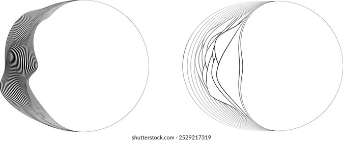 Borde de líneas de media circunferencia . Luna creciente. Letra c en estilo de línea de arte para su diseño . Logotipo de la luna . Fase lunar. Semicírculos con bordes de línea. Del orden al caos. Ilustración vectorial