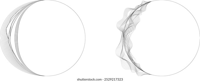 Borde de líneas de media circunferencia . Luna creciente. Letra c en estilo de línea de arte para su diseño . Logotipo de la luna . Fase lunar. Semicírculos con bordes de línea. Del orden al caos. Ilustración vectorial