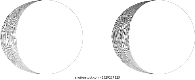 Borde de líneas de media circunferencia . Luna creciente. Letra c en estilo de línea de arte para su diseño . Logotipo de la luna . Fase lunar. Semicírculos con bordes de línea. Del orden al caos. Ilustración vectorial