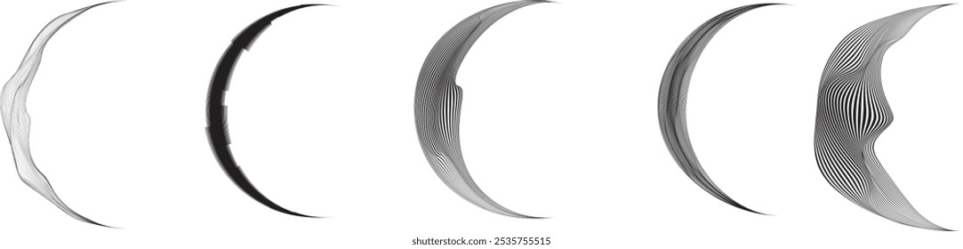 Borde de líneas de media circunferencia . Luna creciente. Letra c en estilo de línea de arte para su diseño . Logotipo de la luna . Fase lunar. Semicírculos con bordes de línea. Ilustración vectorial