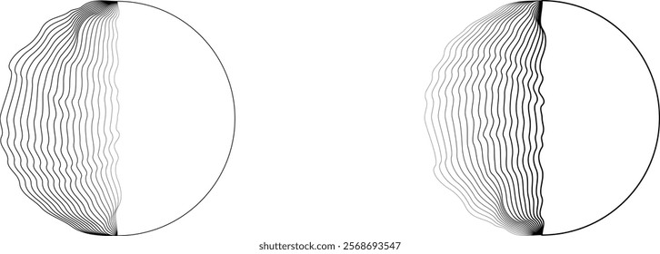 Half Circle lines Border . half moon . Semi circle in art line style for your Design . Moon logo  . Moon phase . Semi circles with line edges. From order to chaos . Vector illustration