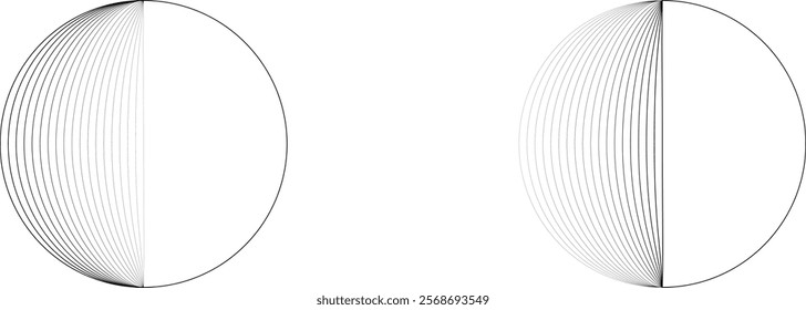 Half Circle lines Border . half moon . Semi circle in art line style for your Design . Moon logo  . Moon phase . Semi circles with line edges. From order to chaos . Vector illustration