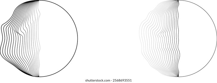 Half Circle lines Border . half moon . Semi circle in art line style for your Design . Moon logo  . Moon phase . Semi circles with line edges. From order to chaos . Vector illustration