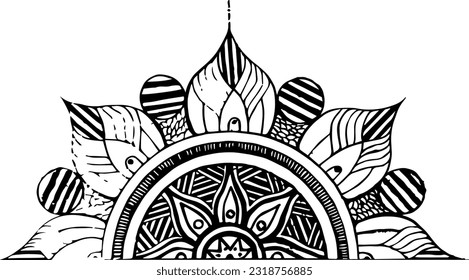 Half circle mandala art with lines and circles