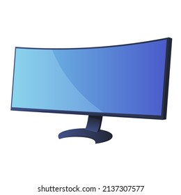 Half circle modern computer monitor on stand with blue empty screen isometric vector illustration. Desktop device digital display lcd multimedia technology equipment isolated. Video electronic tool
