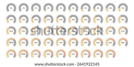 Half circle percentage Speedometer pie 1 to 100 percent. Downloading, uploading charging, loading. Pie circle 1 5 10 15 20 25 30 35 40 45 50 55 60 65 70 75 80 85 90 95 percent