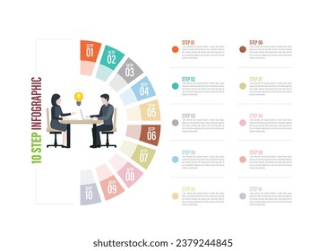 half circle Pie charts for infographics. Elements with 4, 5, 6, 7, 8, 9, 10 steps, options with meeting illustration,