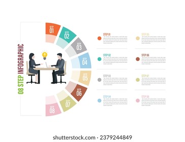 half circle Pie charts for infographics. Elements with 4, 5, 6, 7, 8, 9, 10 steps, options with meeting illustration,