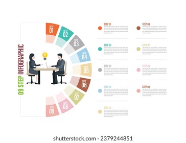 half circle Pie charts for infographics. Elements with 4, 5, 6, 7, 8, 9, 10 steps, options with meeting illustration,