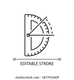 Icono lineal del protractor de semicírculo. Medición y construcción de ángulos de plano en radianes. Ilustración personalizable de línea delgada. Símbolo de contorno. Dibujo de contorno aislado del vector. Trazo editable