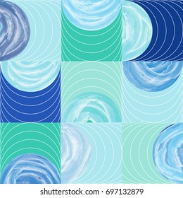 Half circle and square shape watercolor seamless pattern background in cool tone