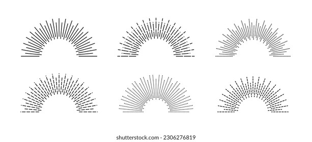 Half circle sunburst frame set. Sunrise and sunshine rays symbols pack. Radial light rays collection. Retro sun beam shape. Design elements for logo, label, badge, poster. Vector bundle