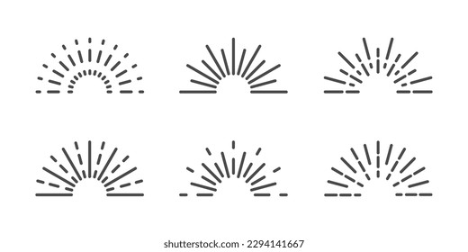 Half circle sunburst, line sun frame icon set