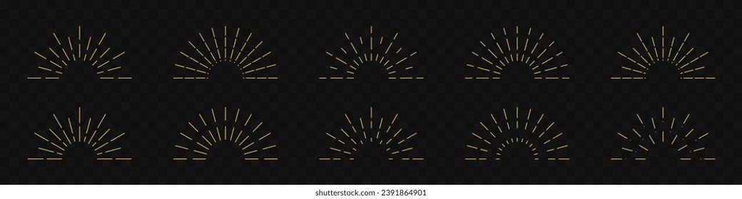 Half circle sunburst, line sun frame icon set