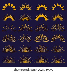 Half circle sunburst rays collection. Abstract contour pattern bursts, starbursts, sunrise. Vector set of yellow vintage halves light explosion, fireworks. Retro design elements typography of the top