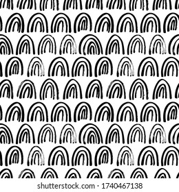 Half circle vector seamless pattern. Semicircle, rounded elements, rainbows. Wavy grunge brush strokes, curved lines. Black paint hand drawn background. Geometric ornament for wrapping paper. 