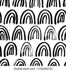 Half circle vector seamless pattern. Semicircle, rounded elements, rainbows. Wavy grunge brush strokes, curved lines. Black paint hand drawn background. Geometric ornament for wrapping paper. 