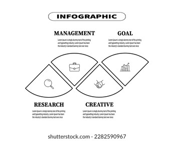 Half circle vector template for designing infographics with four elements makes it presents business plans clearly. Creative concept planning can be web banners, diagrams, layouts, and workflows.