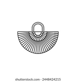 Half circle wooden tote bag with round handles in black on white background. Flat style beach accessory for fashion placement print, logo, banner, flyer, sticker, poster, greeting card, decoration