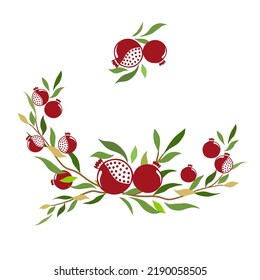  Half circle wreath of red Pomegranate fruit with geometric pattern and green leaves in seamless pattern style. Texture, wrapper, pattern or printing. Flat vector image.