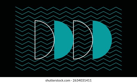 Half circles and blue graphic lines on black background, forming a clean and futuristic abstract design with zigzag elements for bold creative visuals.