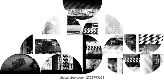 Composición de círculos medios. Diseño de arte de graffiti . Semicírculos con textura de ruido. Efecto de pulverización. Textura grunge. Formas de diseño de arte. Elemento angustiado. Semicírculos de pintura de rodillos ásperos. Vector 
