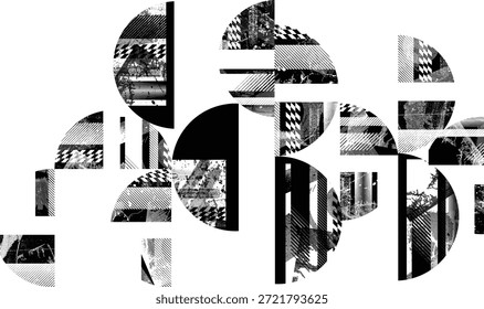 Composición de círculos medios. Diseño de arte de graffiti . Semicírculos con textura de ruido. Efecto de pulverización. Textura grunge. Formas de diseño de arte. Elemento angustiado. Semicírculos de pintura de rodillos ásperos. Vector 