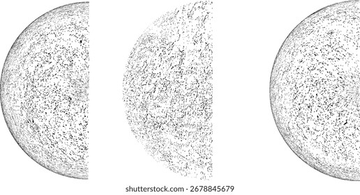 Meio-círculos .Forma geométrica distorcida . Design artístico mínimo . Logotipo destruído pelo ruído . Formas granuladas na moda . Textura de impressão de gráfico .Efeito de pulverização .Textura grunge . Elemento angustiado .vetor 