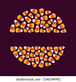 Half circles shape made of small candy corns on dark background. Halloween holiday trick or treat concept greeting card, poster layout for your design. Traditional holiday sweets wallpaper. Vector art