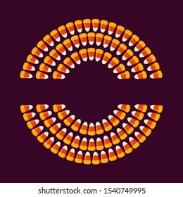 Half circles shape made of small candy corns on dark background. Halloween holiday trick or treat concept greeting card, poster layout for your design. Traditional holiday sweets wallpaper. Vector art