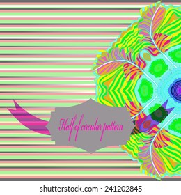 Half of circular  colored feathers ornament, label, text on a striped gradient background. Hand drawn.