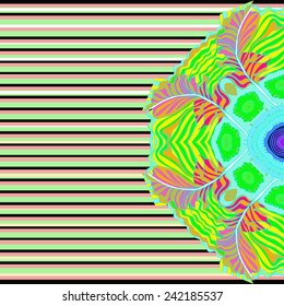 Half of circular  colored feathers ornament  on a black stripes background. Hand drawn.
