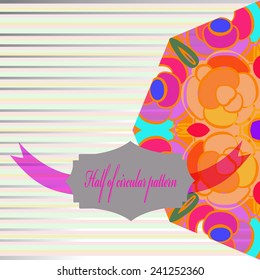 Half of circular floral ornament with label, text,  transparent on a striped  gradient gray background.