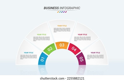 Half Circular Infographic Design Template and Business Icon with Five Options or Steps. 5 Options Infographic for Presentations, Finance Reports, and Web Design.