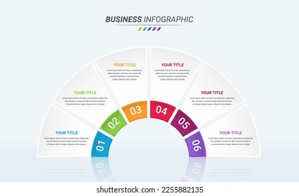Half Circular Infographic Design Template and Business Icon with Six Options or Steps. 6 Options Infographic for Presentations, Finance Reports, and Web Design.