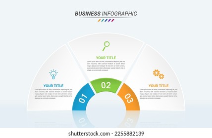 Half Circular Infographic Design Template and Business Icon with Three Options or Steps. 3 Options Infographic for Presentations, Finance Reports, and Web Design.