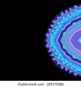 Half of circular oriental  ornament with spirals, ellipse, waves on a black   background. Hand drawn.