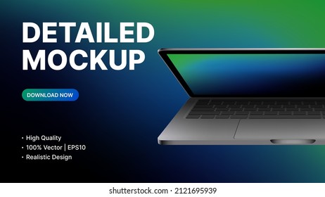 Half closed Realistic Laptop with blank Screen Mockup. Promo Presentation for Advertising your Product. Vector illustration