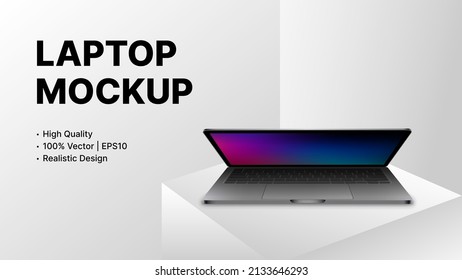 Half Closed Realistic Laptop With Blank Screen. Digital Product Mockup On White Background. Vector Illustration