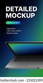 Half closed Realistic Laptop. Vertical Mockup for Stories. Promo Presentation for Advertising your Product. Vector illustration
