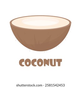 Half of a coconut in cartoon style on a white background isolated. Exotic fruits. Source of water in hot places