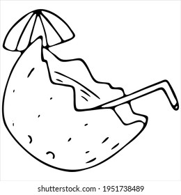 half coconut with cocktail, umbrella and straw, vector doodle element, coloring book, black and white
