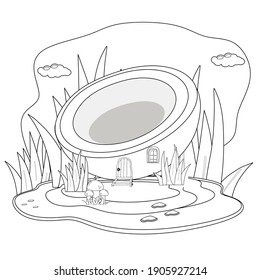 Half coconut house in the middle of the forest. Black and white vector illustration for a coloring book