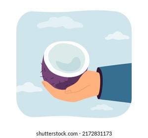 Half of coconut in human hands flat vector illustration. Tropical exotic fruit, nutrition, vitamin, vegan diet, nourishment concept for banner, website design or landing web page