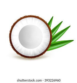 Half Coconut With Leaves Isolated On White Background. Realistic Vector Illustration.