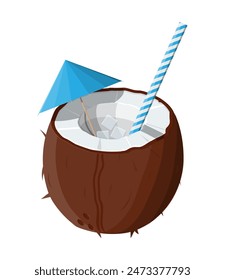 Half coconut on white. Cold drink milk, alcohol cocktail. Umbrella and ice cubes. Refreshment beach drink with straw. Vector illustration in flat style